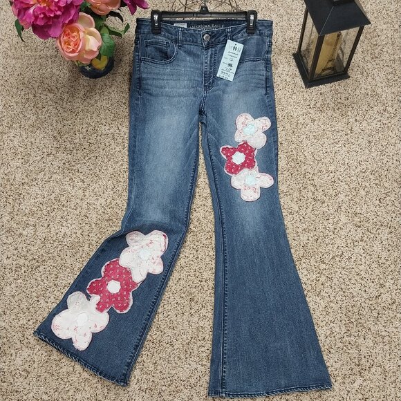 Handmade Denim - 3330 Size 12 American Eagle High-rise Appliqued Quilted Bleach Dyed Jeans